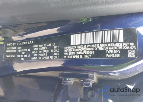 2021 Fiat 500X Trekking Awd из США, поврежденный, VIN ZFBNF3B15MP925093